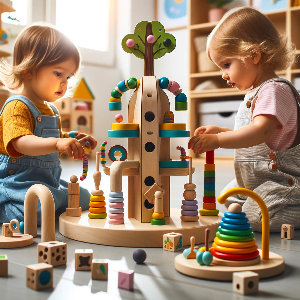 Toddlers playing with Montessori type toys