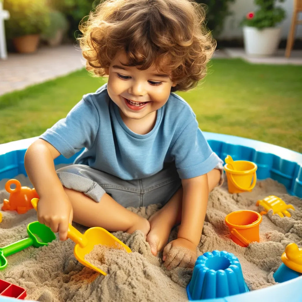 A happy child playing in a blue sand pit