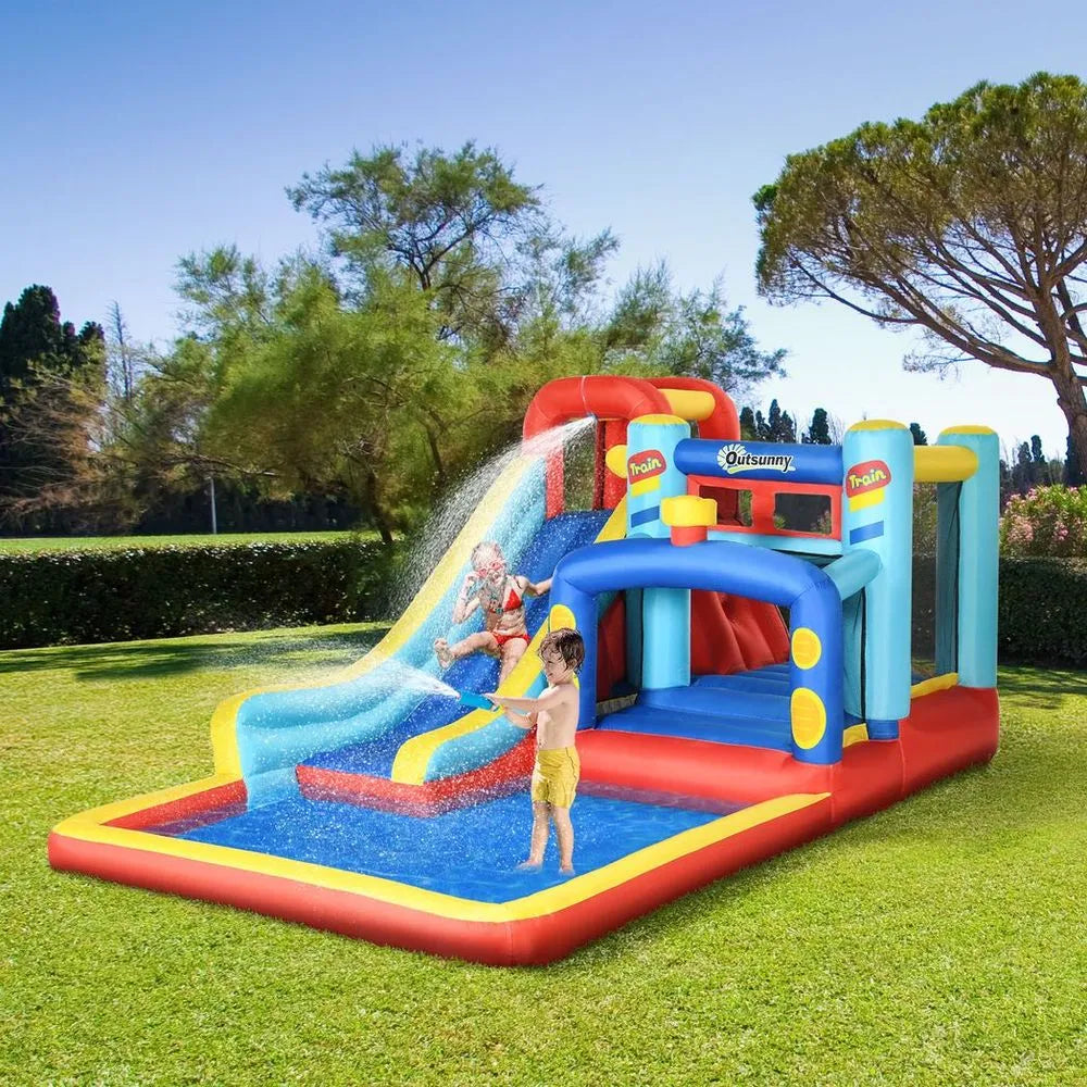 Bouncy castle with water slide and spray gun in multiple colours