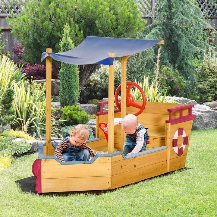 Kids Wooden Pirate Ship Sand Pit with Canopy Shade