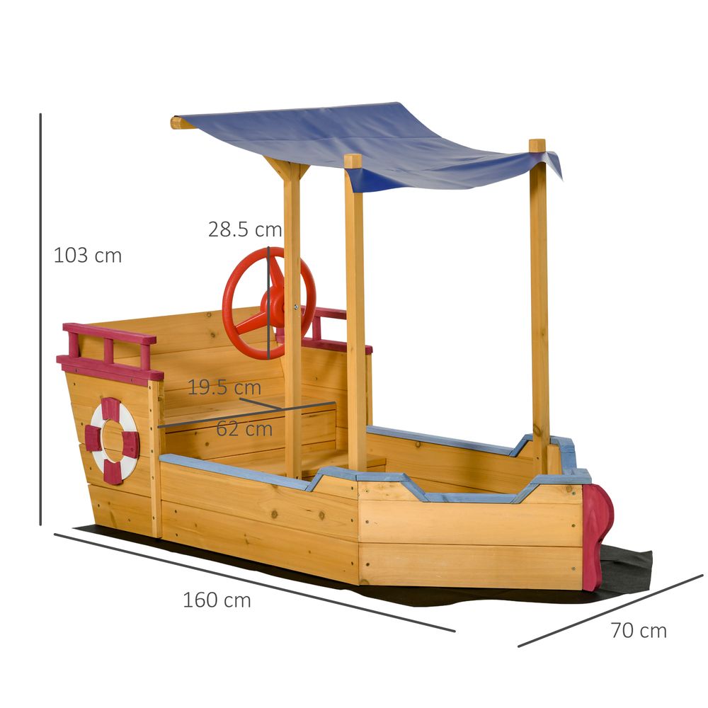 Kids Wooden Pirate Ship Sand Pit with Canopy Shade