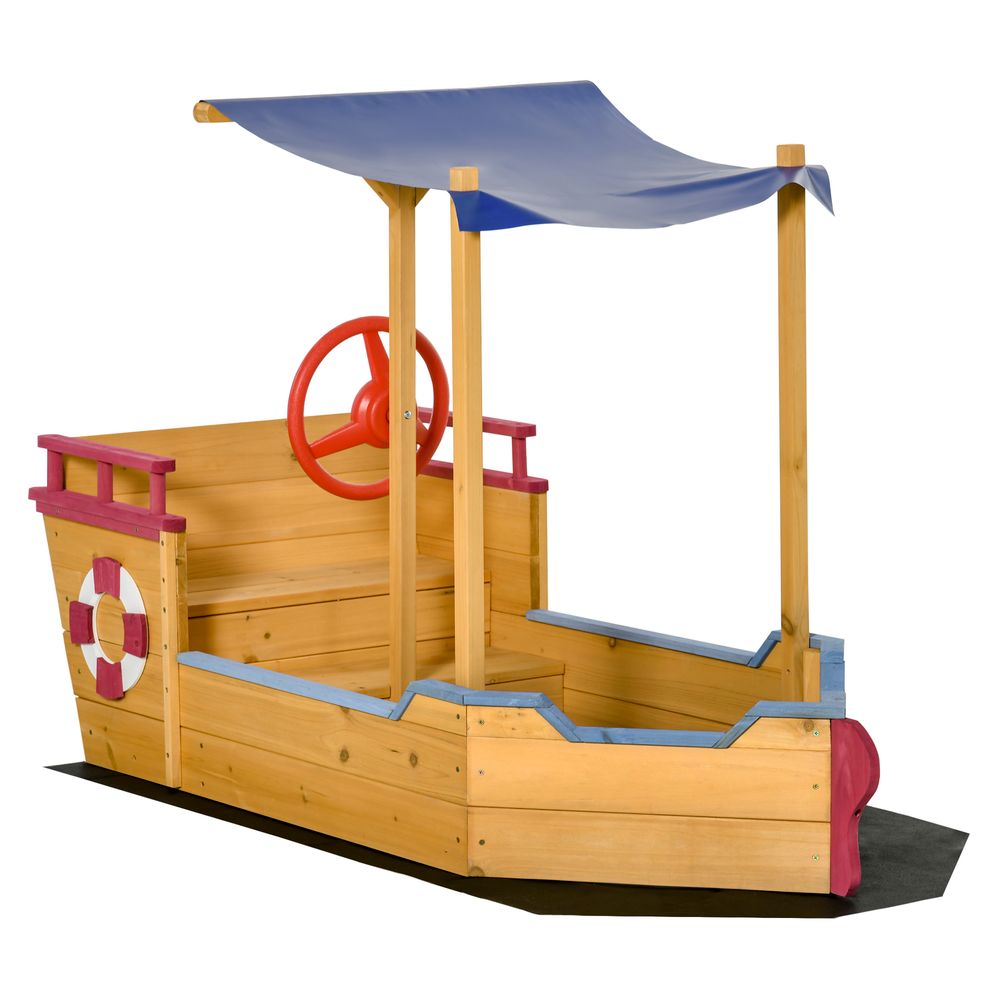 Kids Wooden Pirate Ship Sand Pit with Canopy Shade