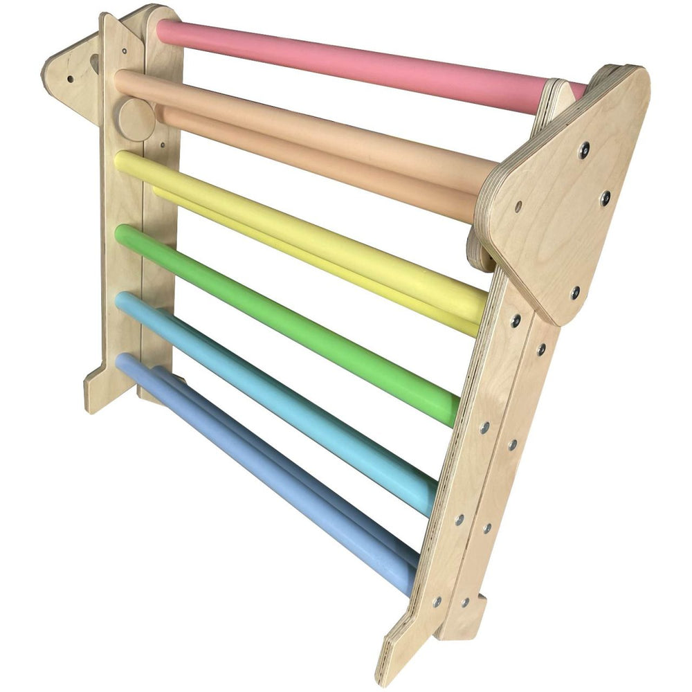 Pikler triangle junior size in rainbow colours, folded for storage