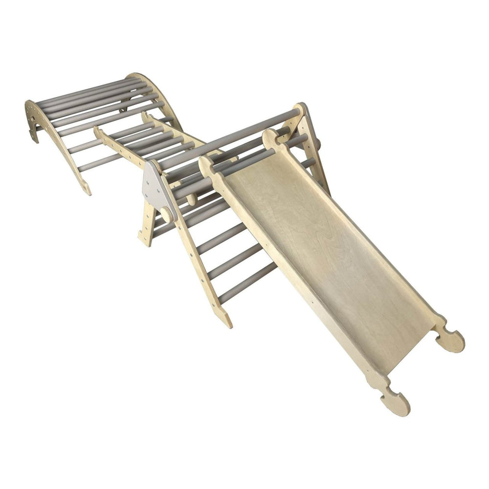 Pikler climbing ladder in gretton grey shown linking junior size arch and triangle with slide attached