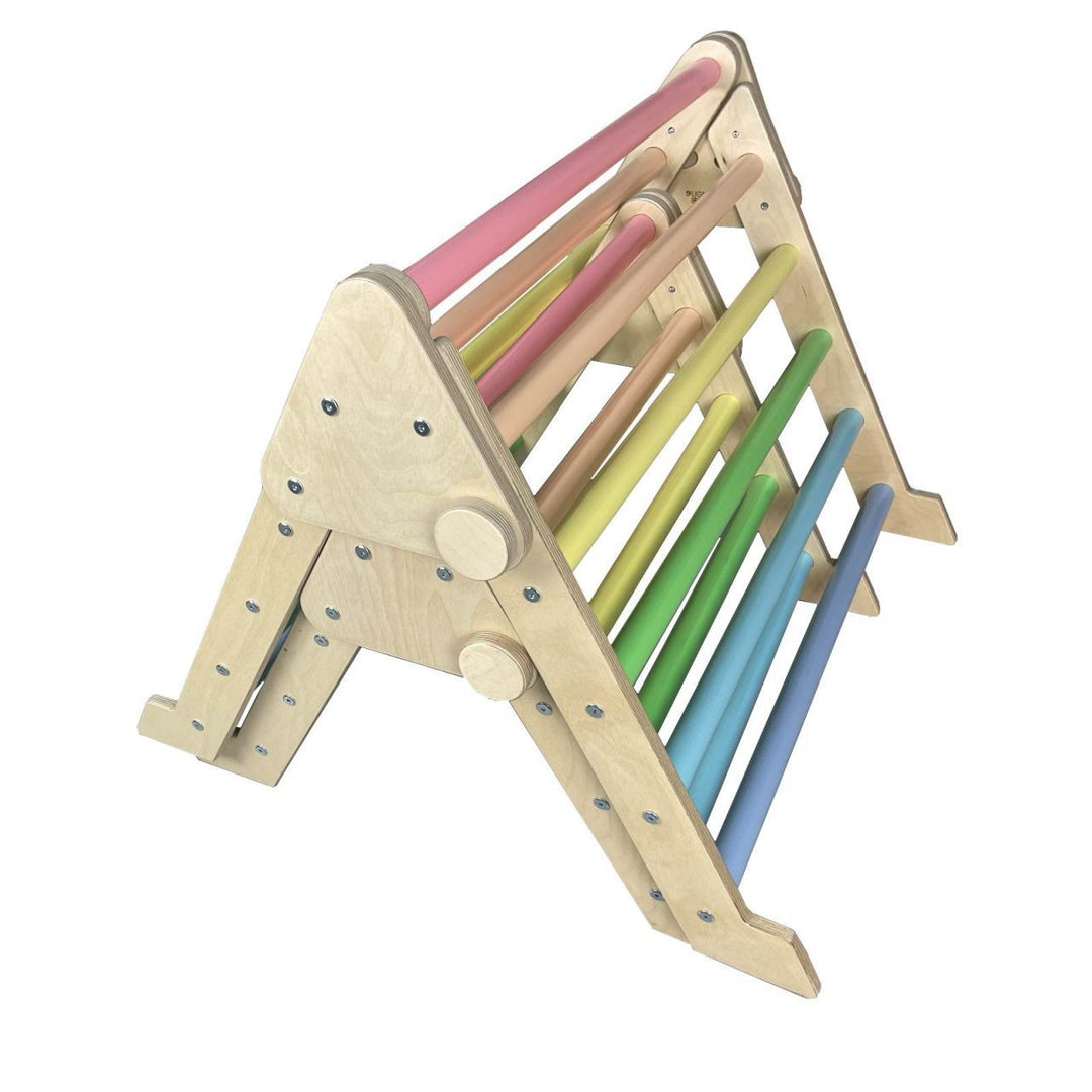 Pikler Triangle Junior and Nursery sizes in Pastel Rainbow colours, shown nested for compact storage