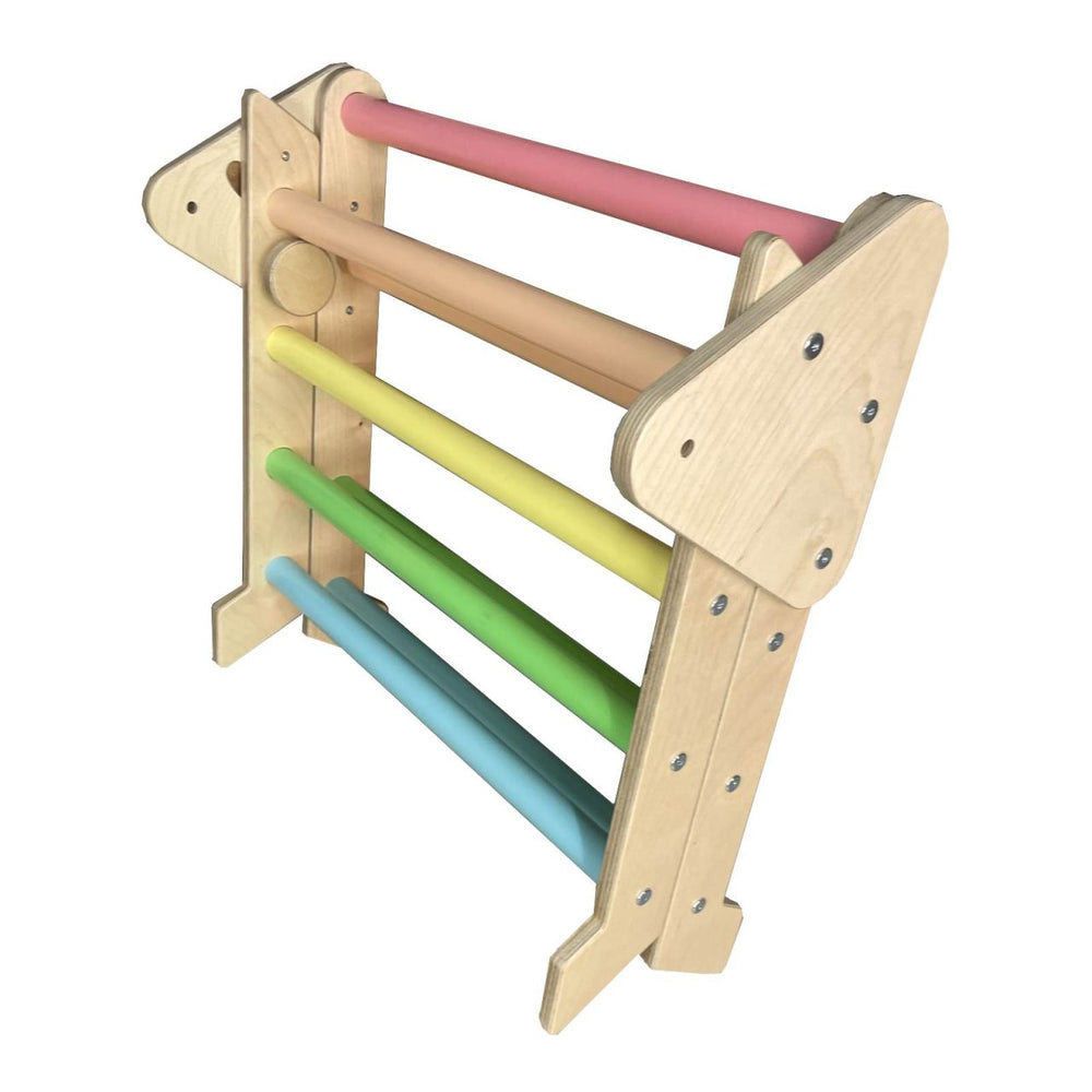 Pikler Triangle Nursery size in Pastel Rainbow colours, folded for storage, side view