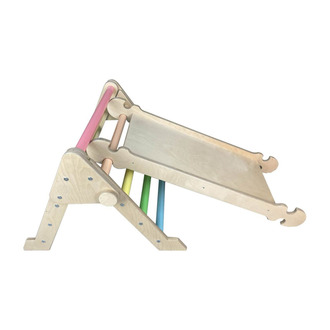 Pikler Triangle Nursery size in Pastel Rainbow colours with Nursery Slide attached