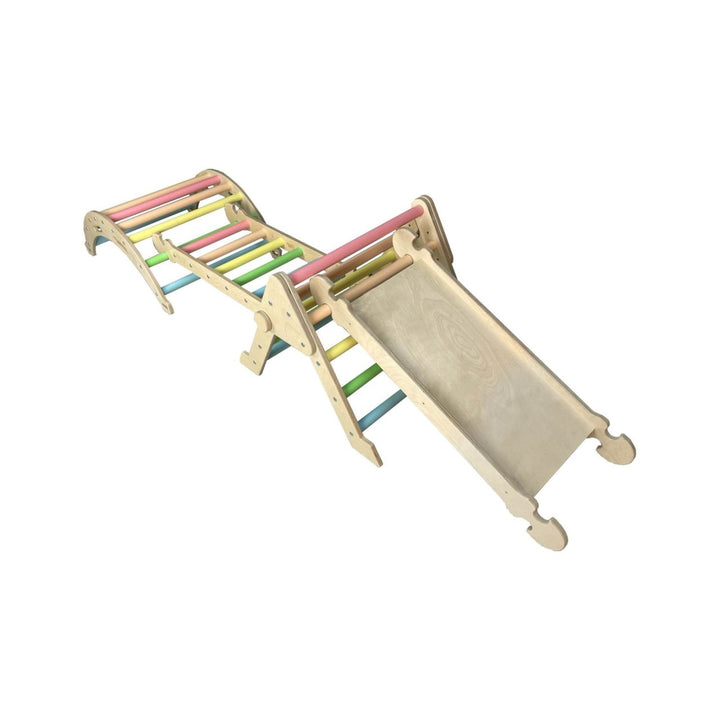 Pikler Nursery size climbing set in Pastel Rainbow colours with Arch, Ladder and Slide attached.