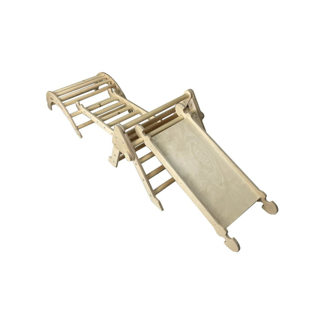 Pikler climbing set, nursery size in natural finish comprising triangle, arch, ladder and slide