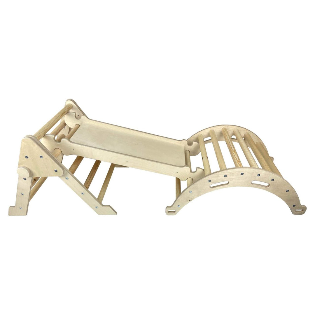 Pikler nursery size rocker arch and triangle linked with slide in natural finish